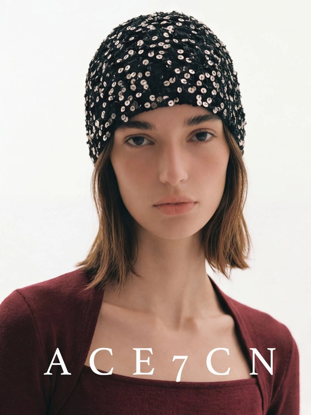 Glossy-Trim Openwork Crochet Hat — ACE7CN