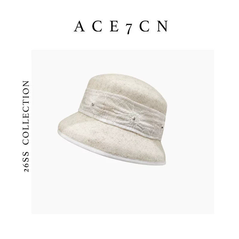 Lace-Trim Straw Bucket Hat — ACE7CN