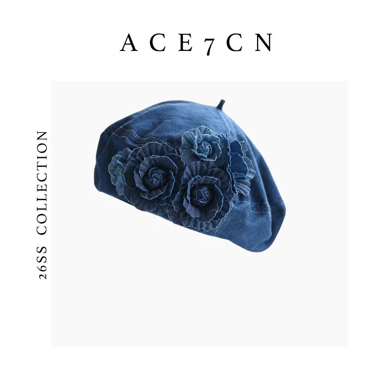 Floral Washed-Denim Painter Beret — ACE7CN