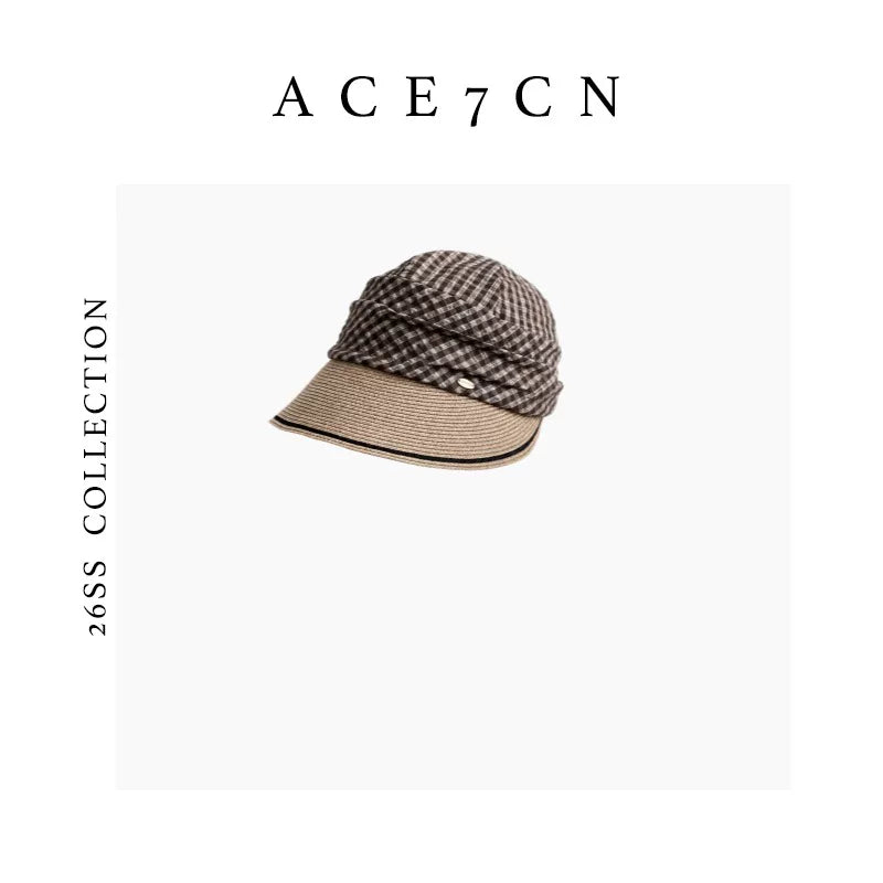 Pleated Plaid Straw-Panel Sun Hat — ACE7CN