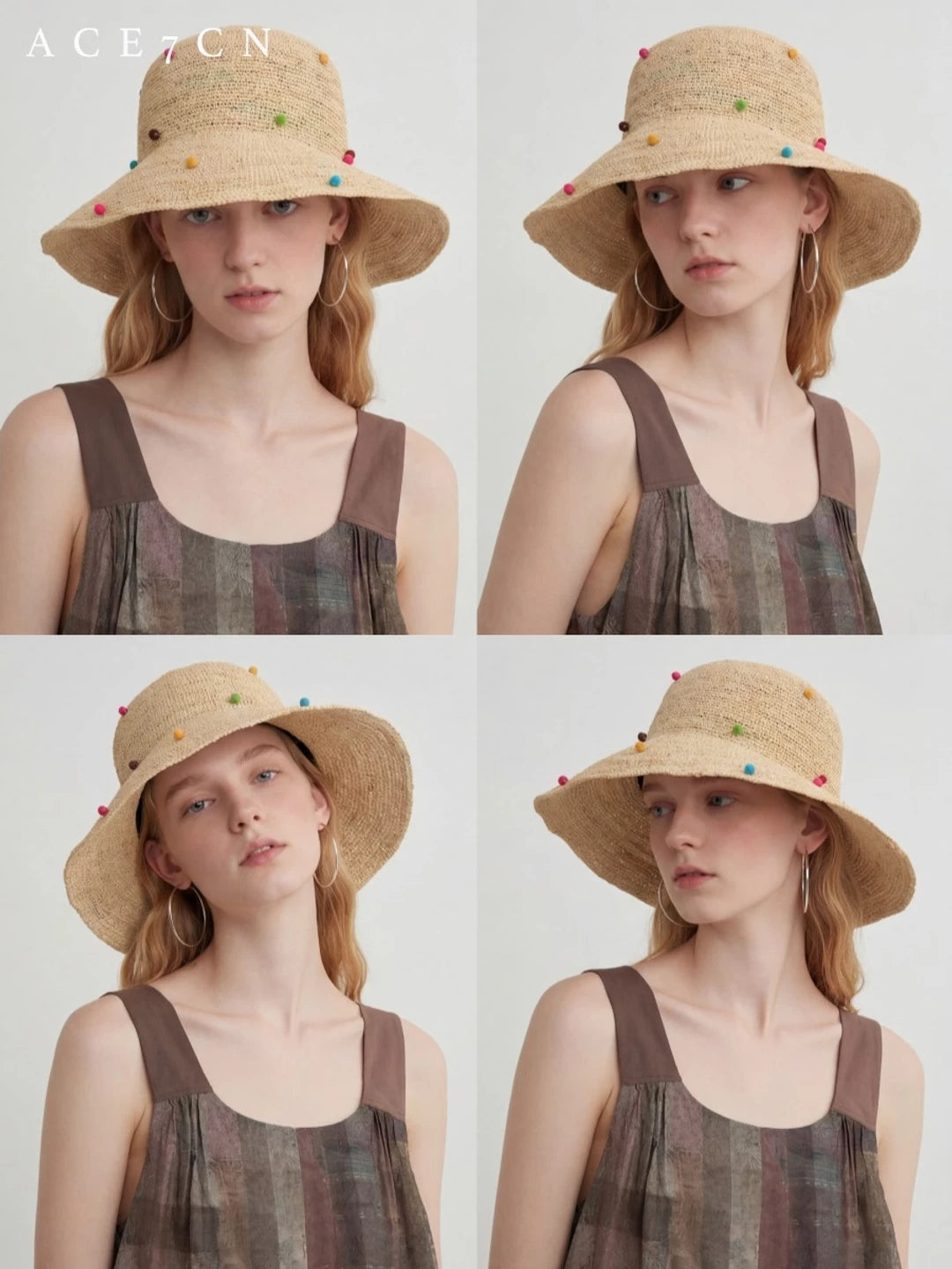 Foldable Multi-Dot Raffia Bucket Hat — ACE7CN