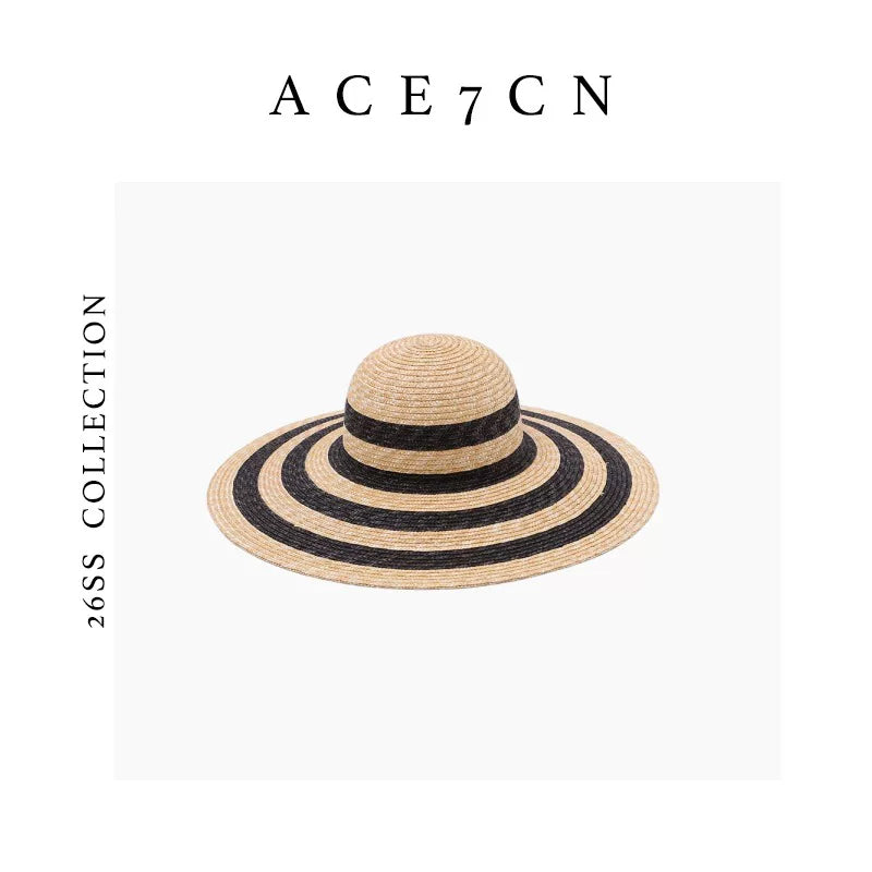 Striped Wide-Brim Wheat-Straw Hat — ACE7CN