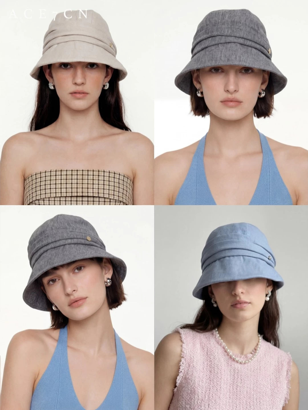 Pleated Wide-Brim Fabric Bucket Hat — ACE7CN