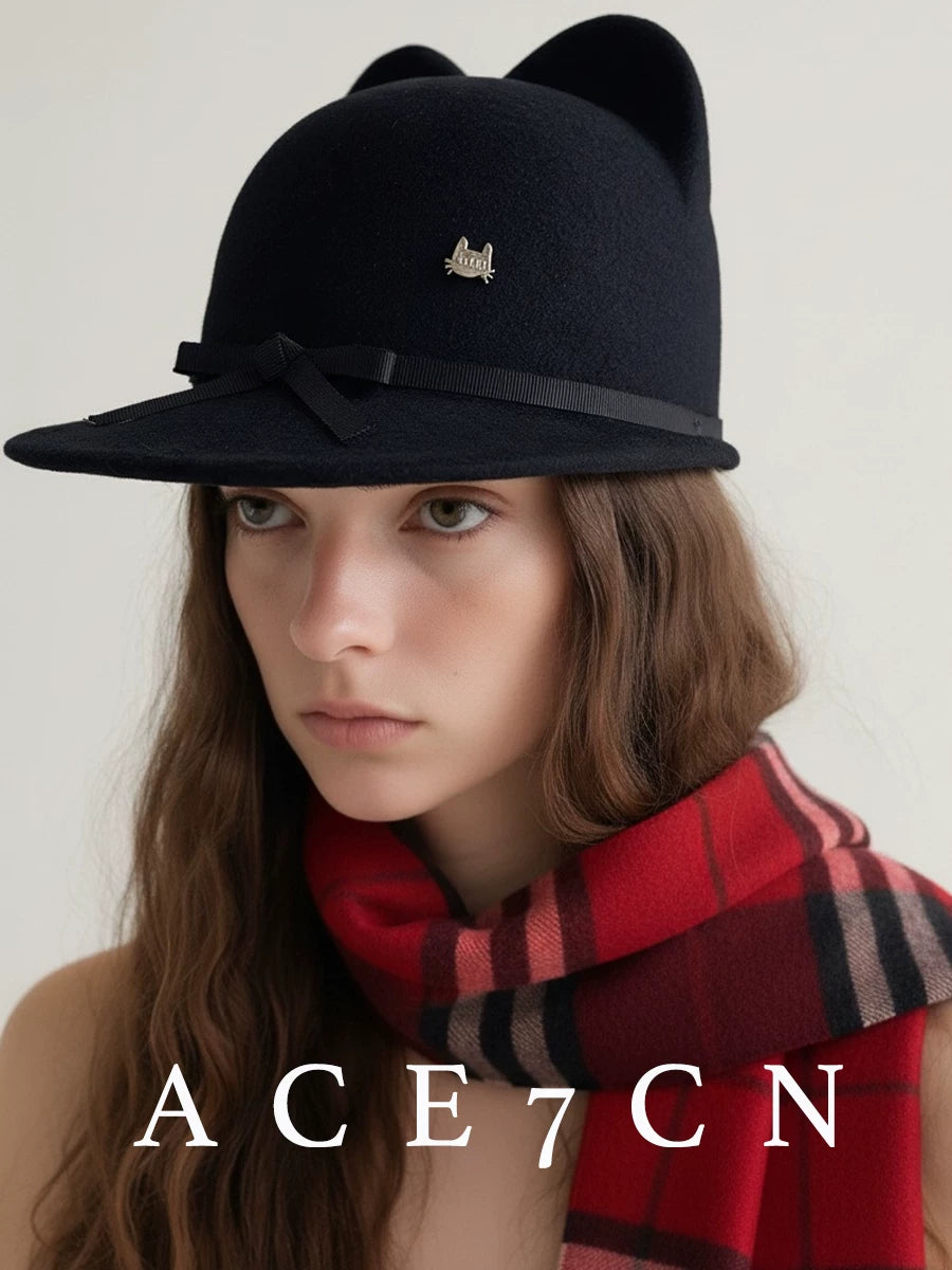 Ribbon-Trim Cat-Ear Wool Equestrian Cap — ACE7CN