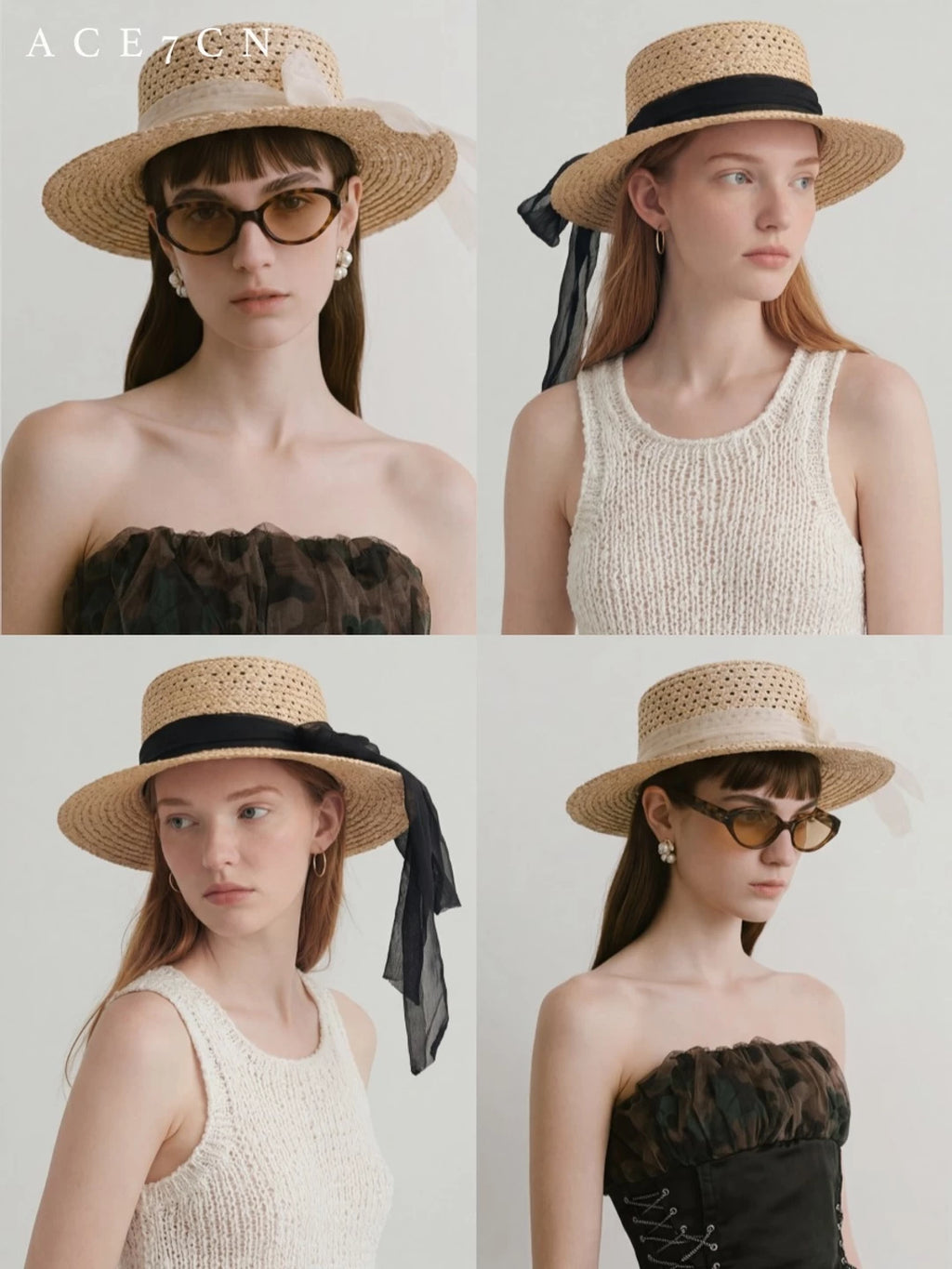 Openwork Raffia Flat-Top Boater — ACE7CN