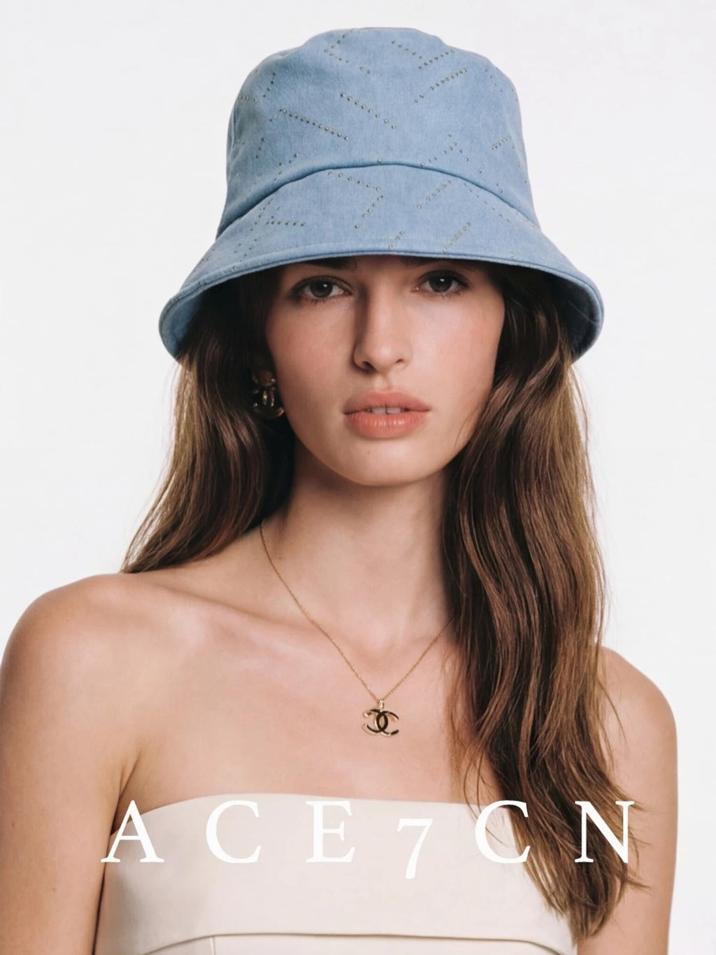 Rhinestone Diamond-Quilted Denim Bucket Hat — ACE7CN