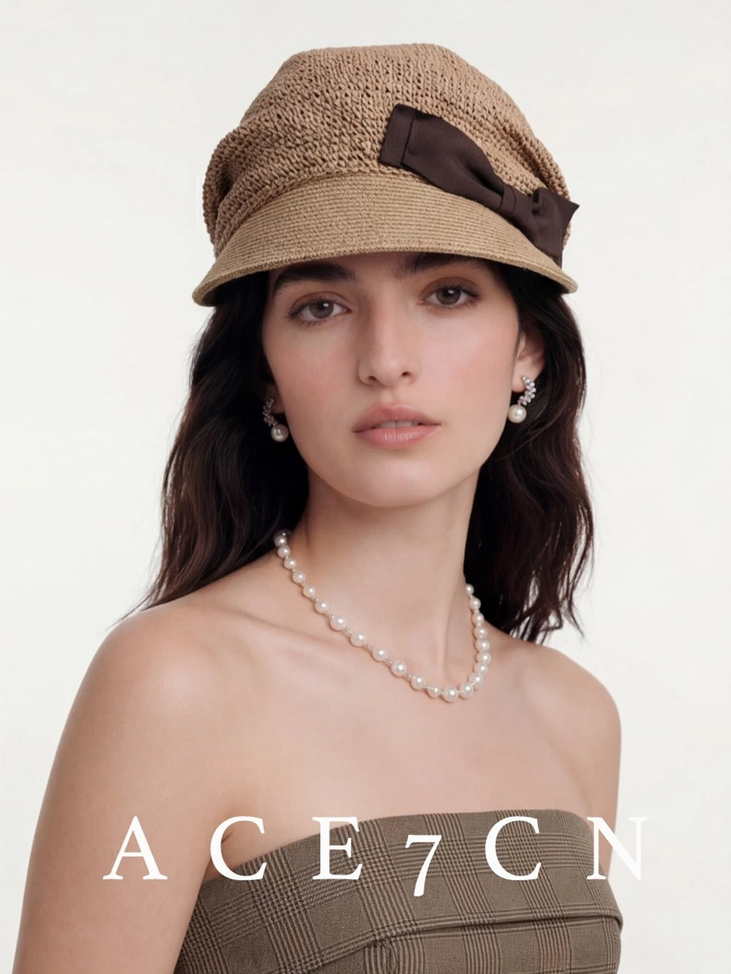 Bow-Detail Hand-Woven Straw Riding Cap — ACE7CN