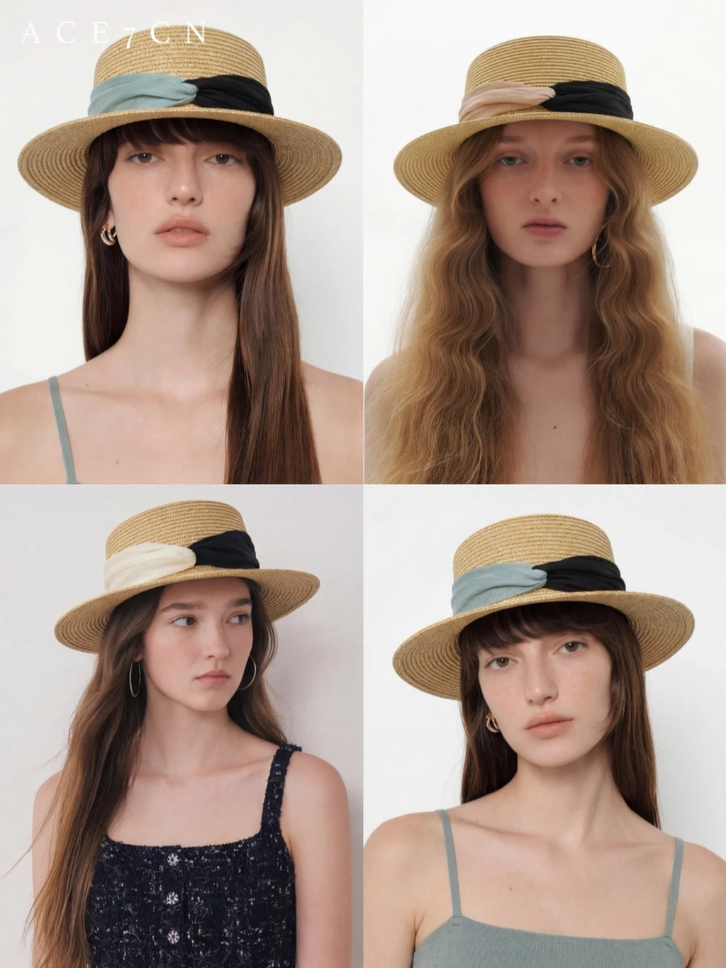 Contrast Ribbon Flat-Top Straw Boater — ACE7CN