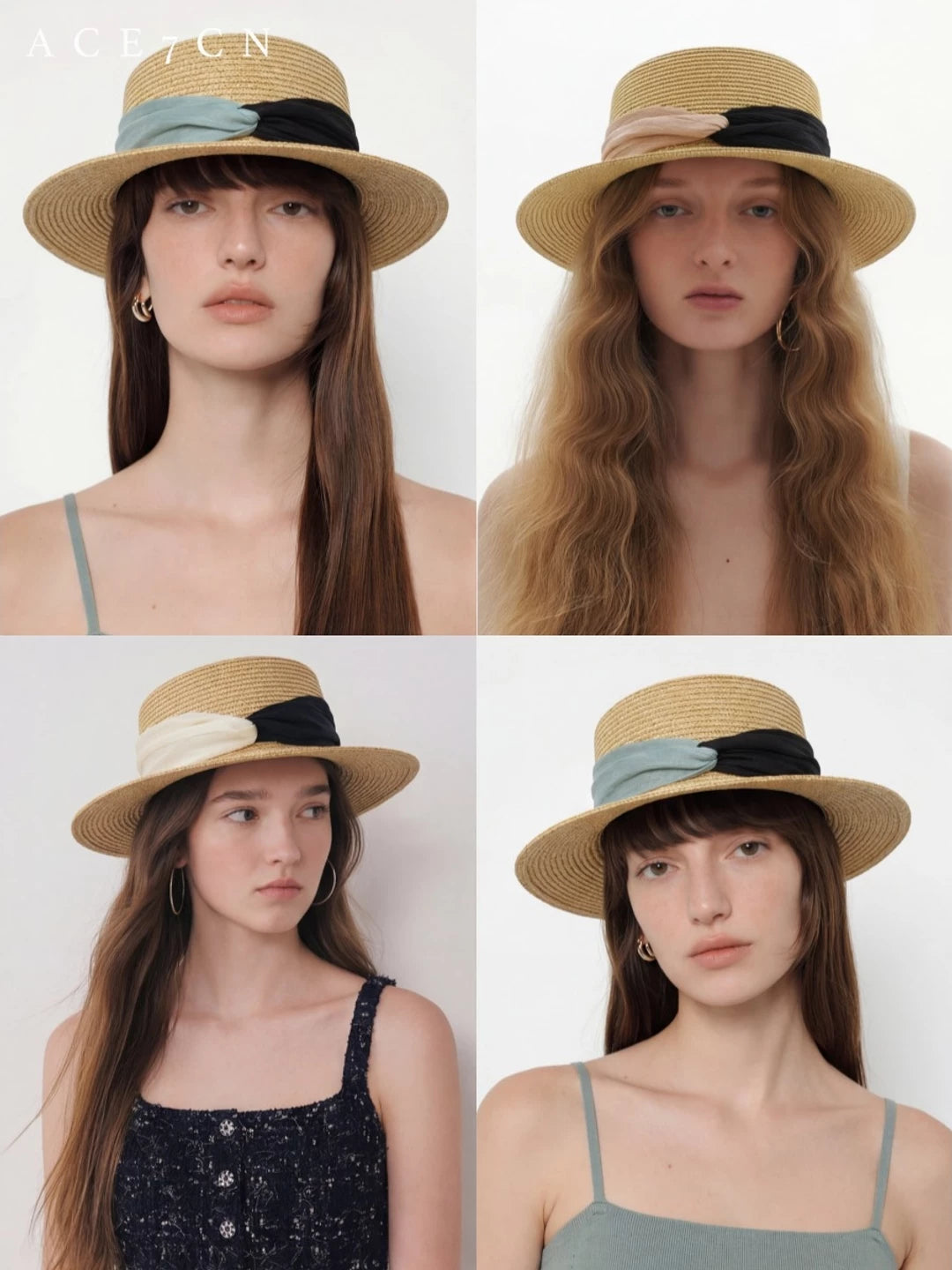 Contrast Ribbon Flat-Top Straw Boater — ACE7CN