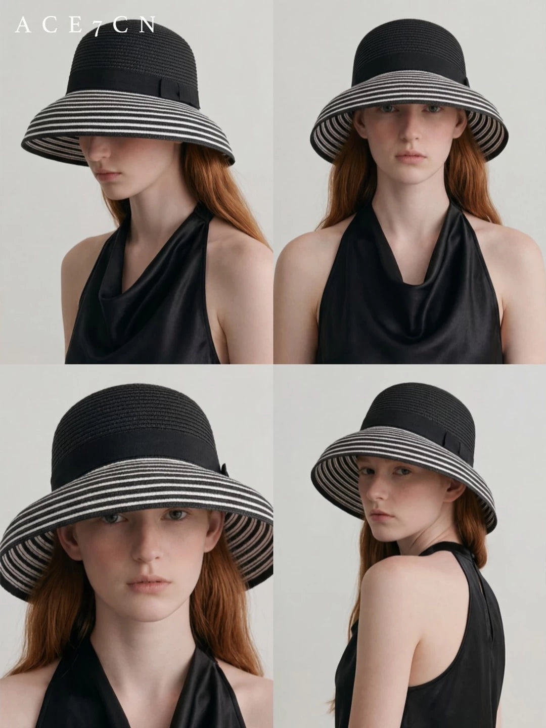 Bow-Detail Two-Tone Straw Lampshade Hat — ACE7CN