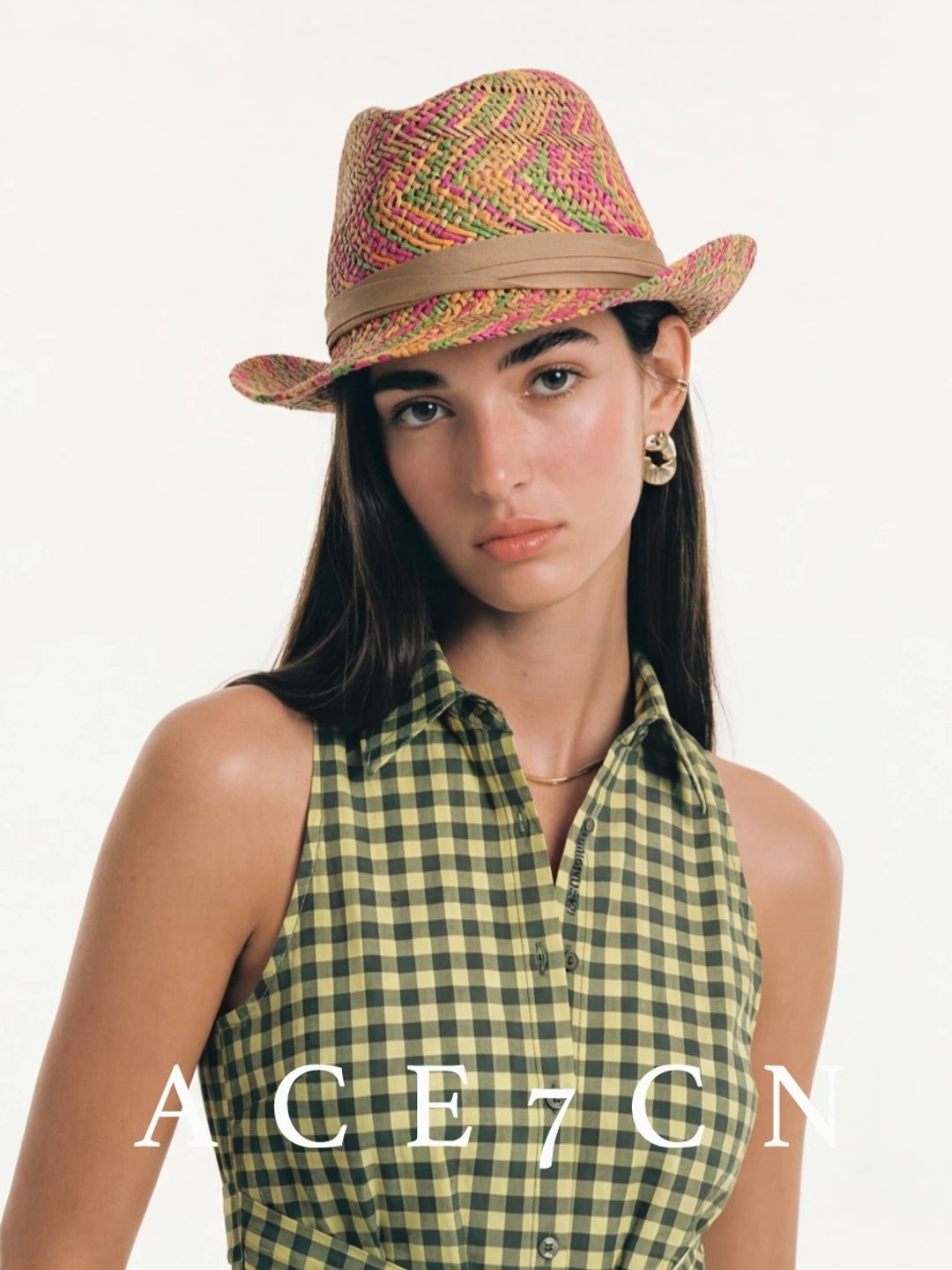 Multicolor-Yarn Straw Western Fedora — ACE7CN