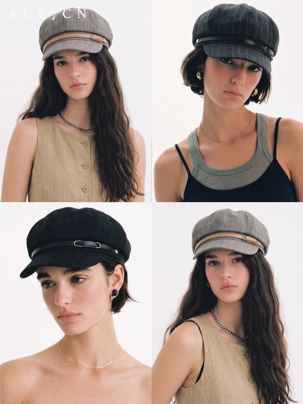 Leather-Buckle Striped Newsboy Cap — ACE7CN