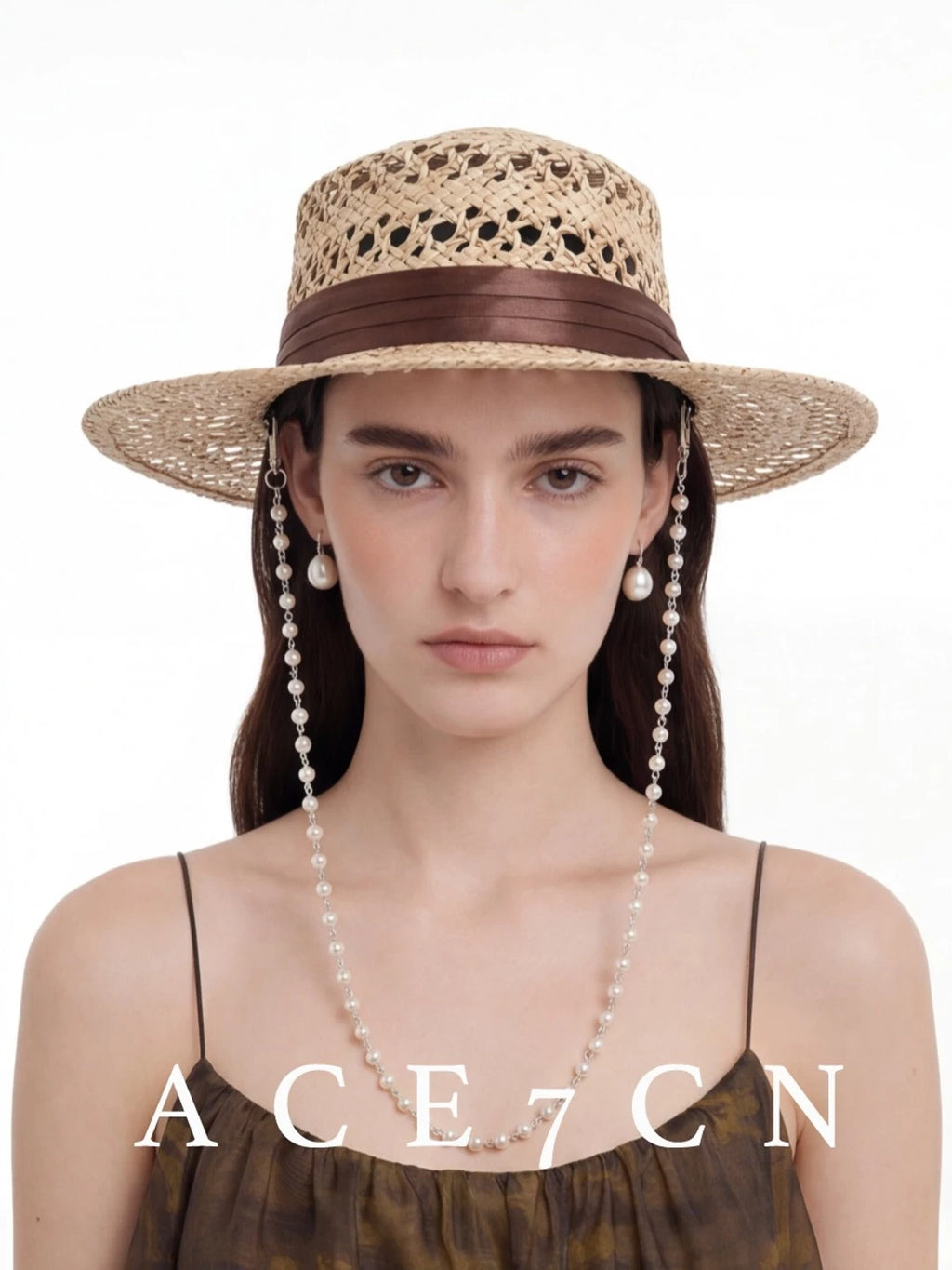 Pearl-Chain Openwork Straw Western Hat — ACE7CN