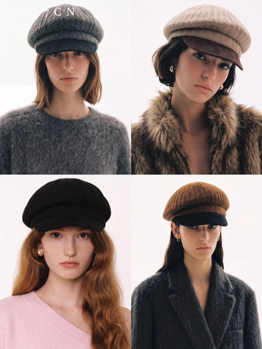 Leather-Peak Knit Newsboy Cap — ACE7CN