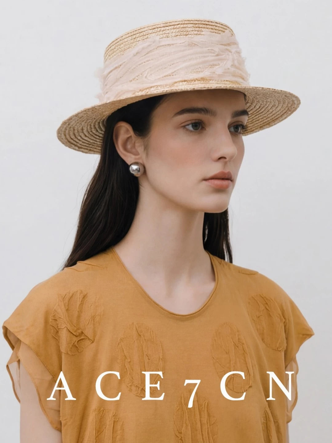 Tulle-Trim Wheat-Straw Hat — ACE7CN