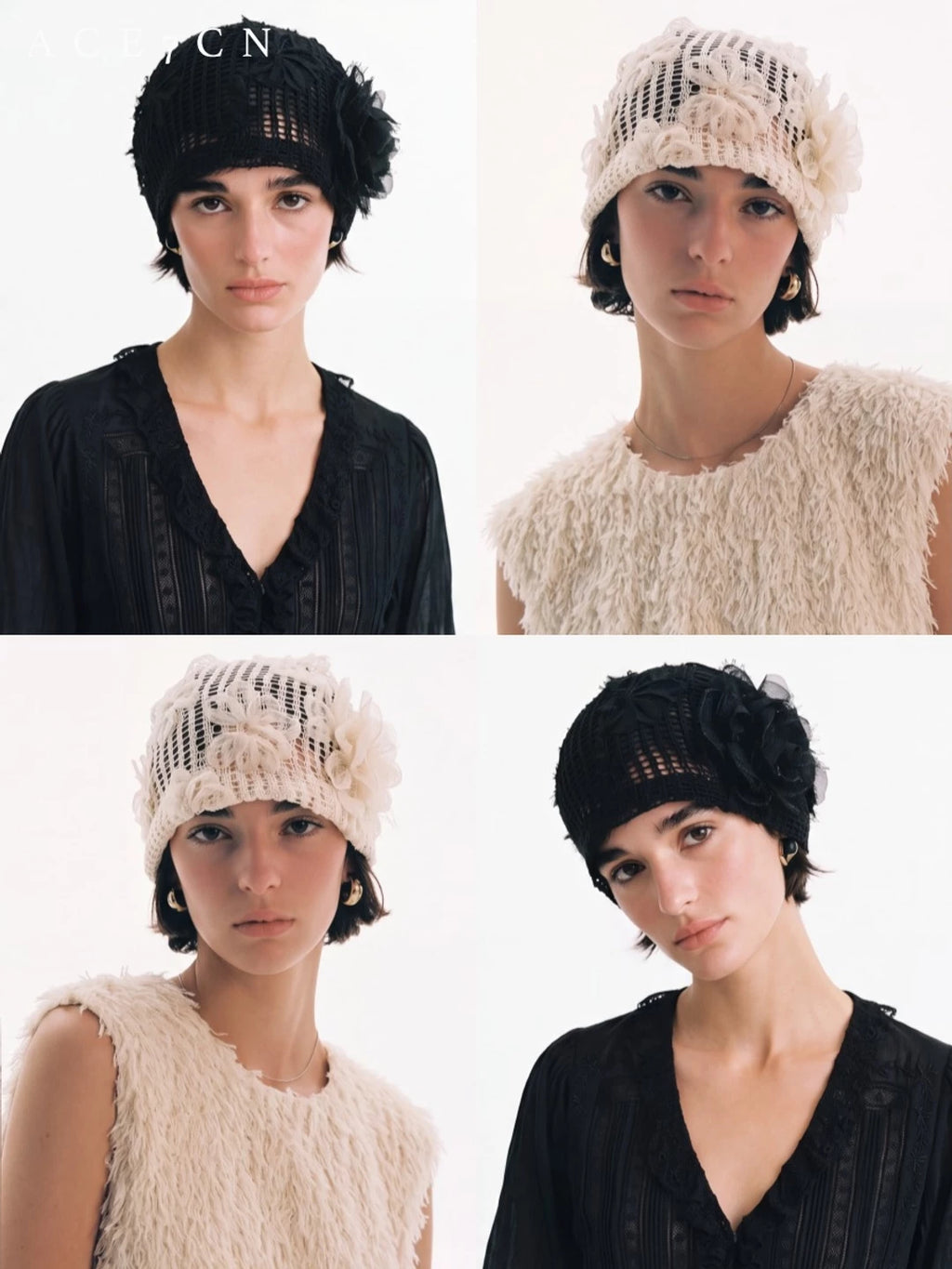 Floral Openwork Knit Head Scarf Hat — ACE7CN