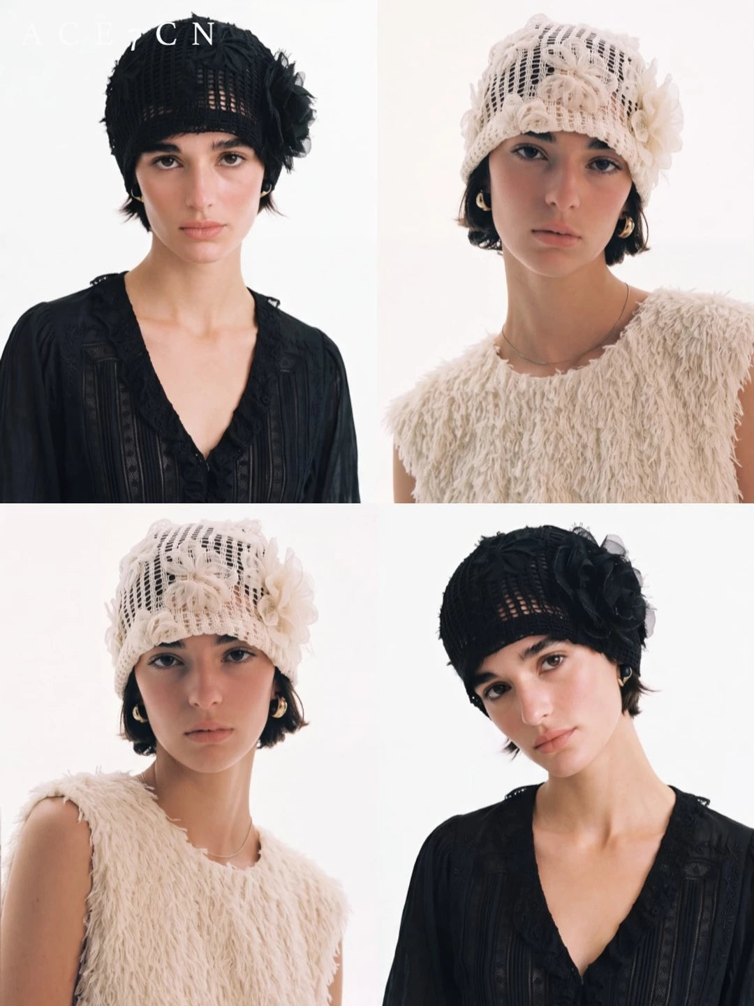 Floral Openwork Knit Head Scarf Hat — ACE7CN