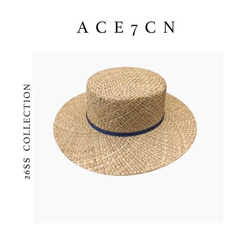 Denim-Band Seagrass Flat-Top Boater — ACE7CN