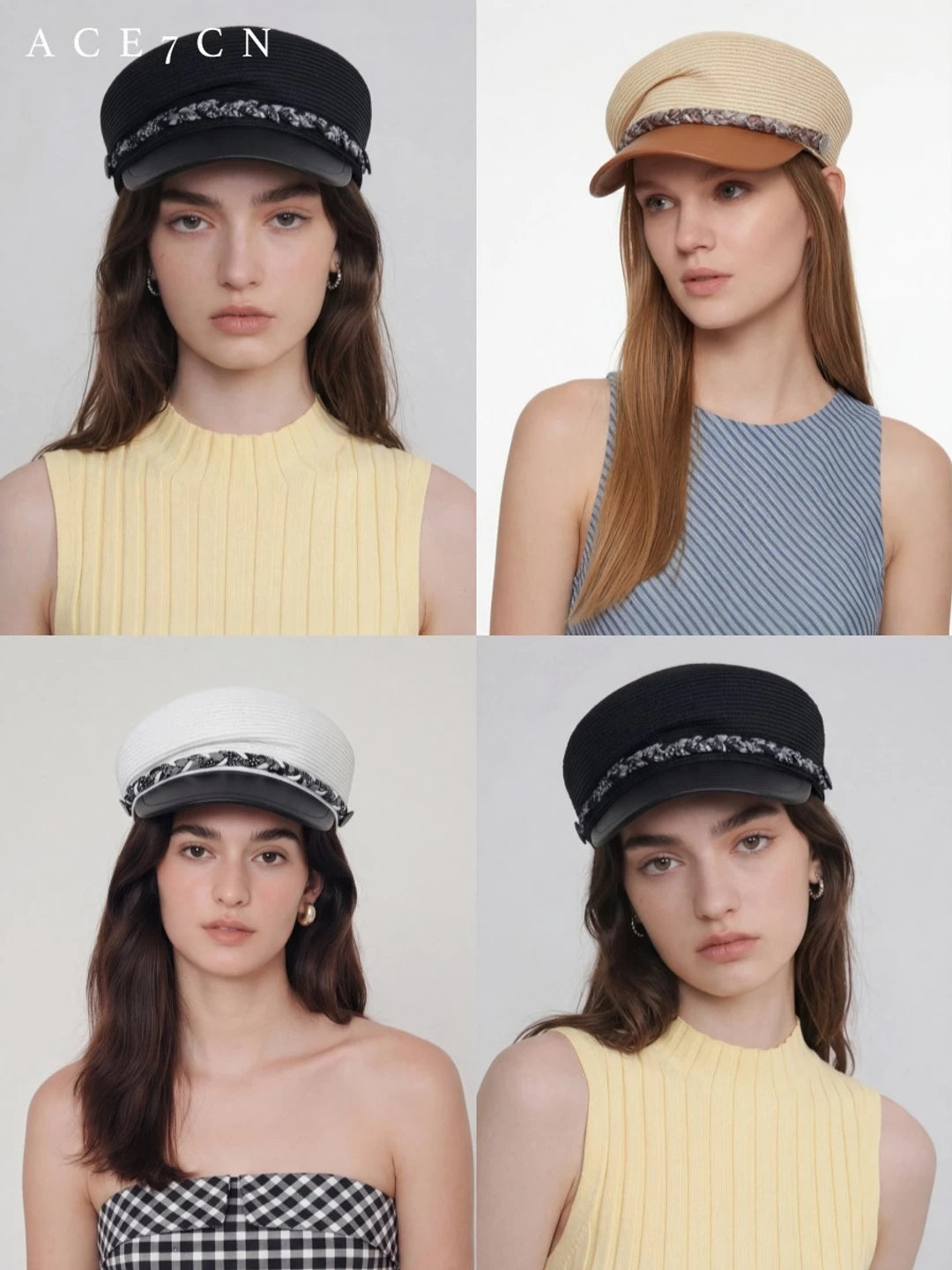 Leather-Trim Tweed Equestrian Cap — ACE7CN