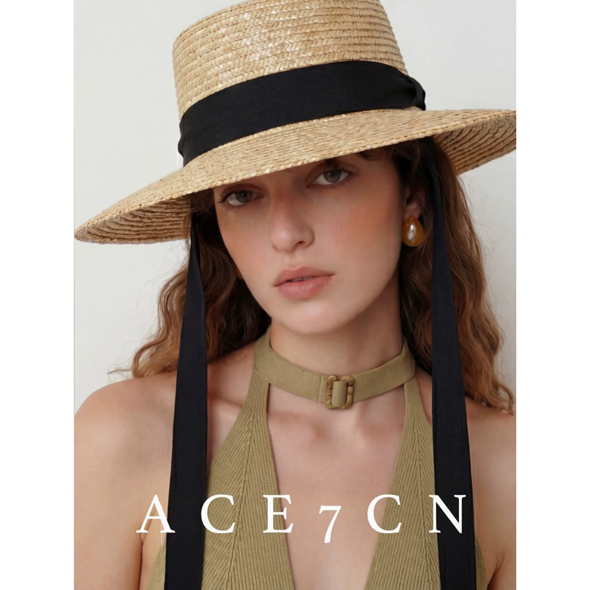 Tie-Strap Wheat-Straw Wide-Brim Sun Hat — ACE7CN