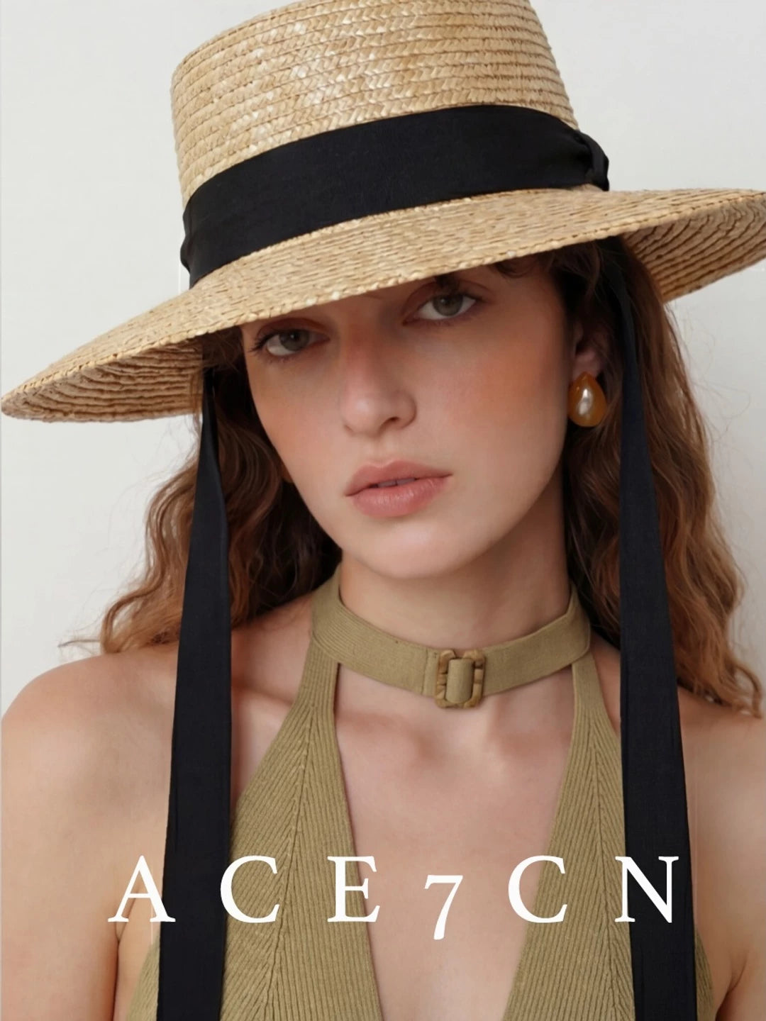 Tie-Strap Wheat-Straw Wide-Brim Sun Hat — ACE7CN
