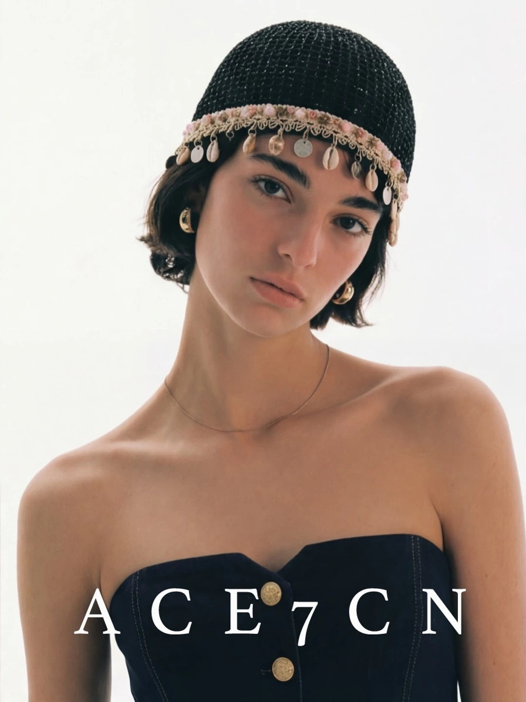 Shell-Pendant Openwork Head Scarf Hat — ACE7CN