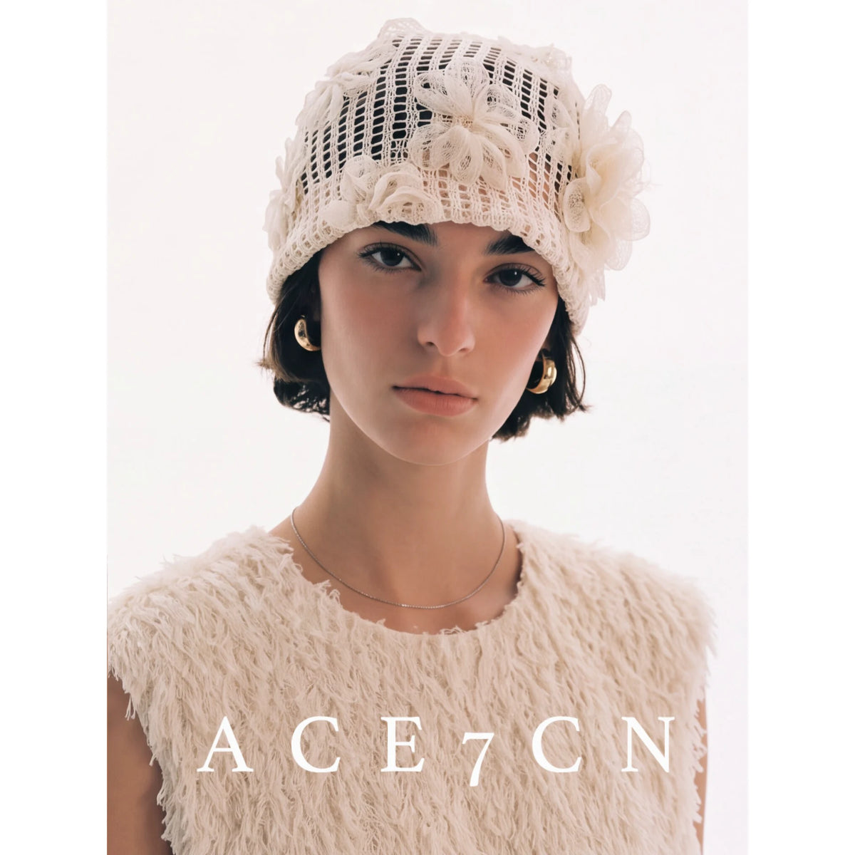 Floral Openwork Knit Head Scarf Hat — ACE7CN