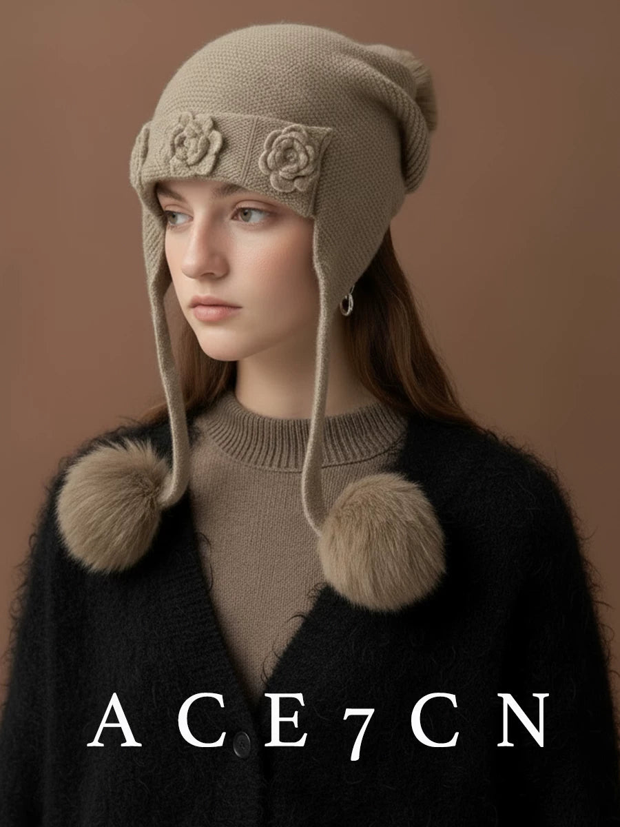 Flower-Embellished Cashmere Ear-Flap Beanie — ACE7CN