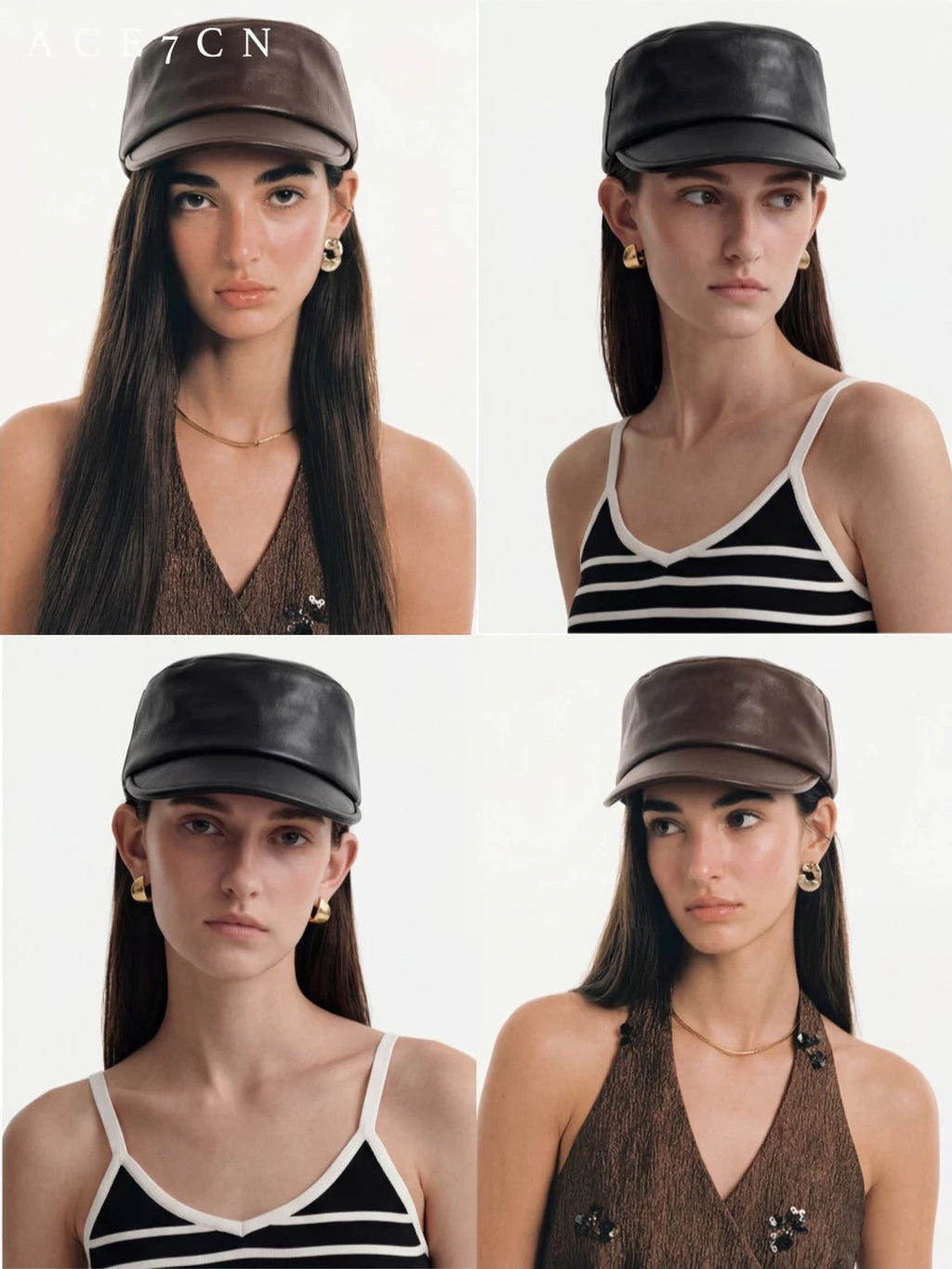 Flat-Top Lamb-Grain Leather Equestrian Cap — ACE7CN