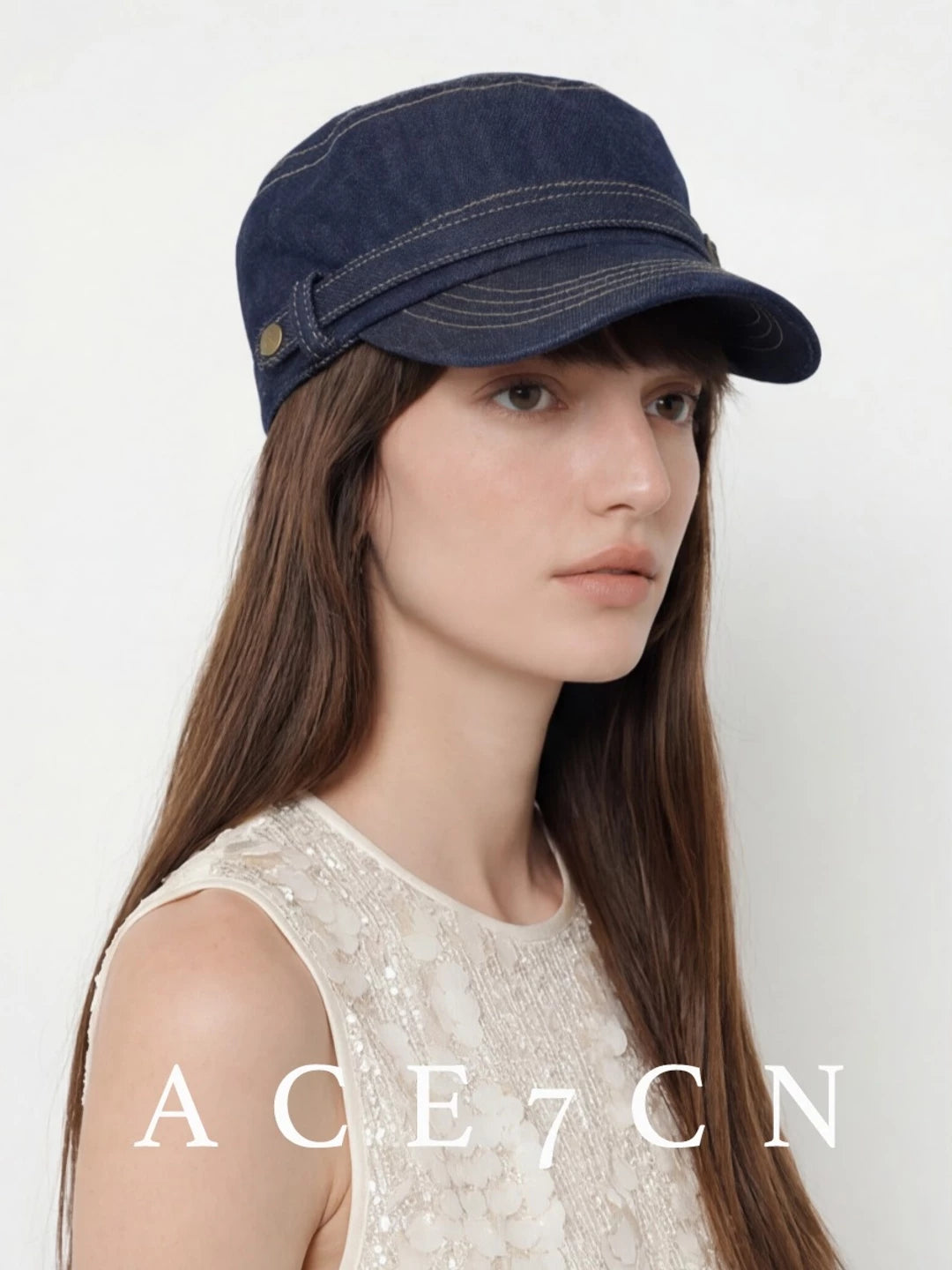 Flat-Top Denim Riding Cap — ACE7CN