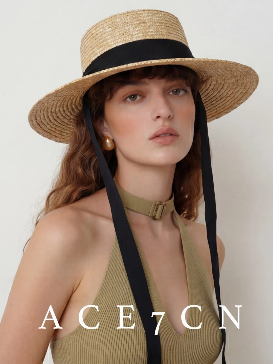 Tie-Strap Wheat-Straw Wide-Brim Sun Hat — ACE7CN