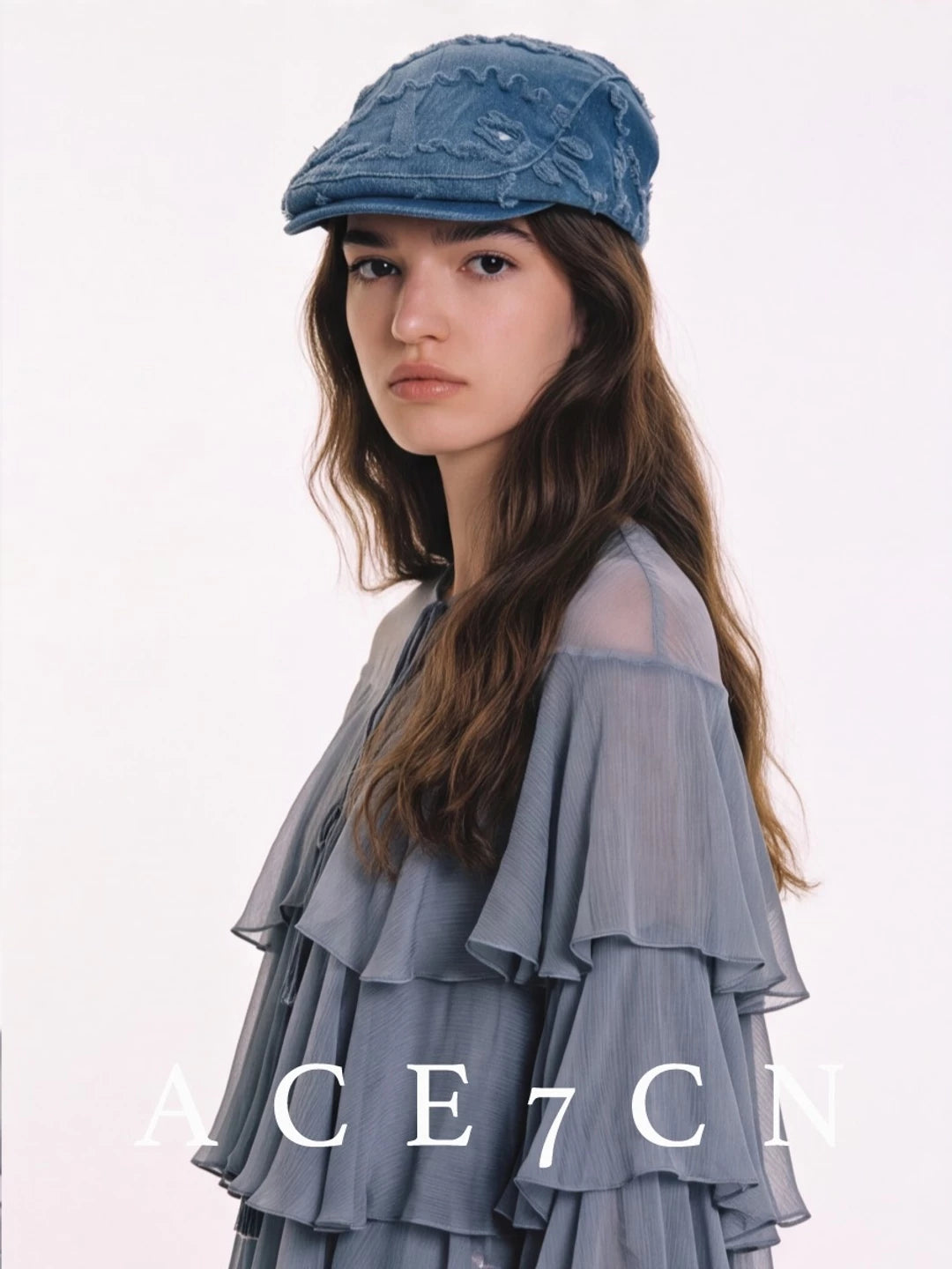 Embossed Floral Denim Flat Cap — ACE7CN
