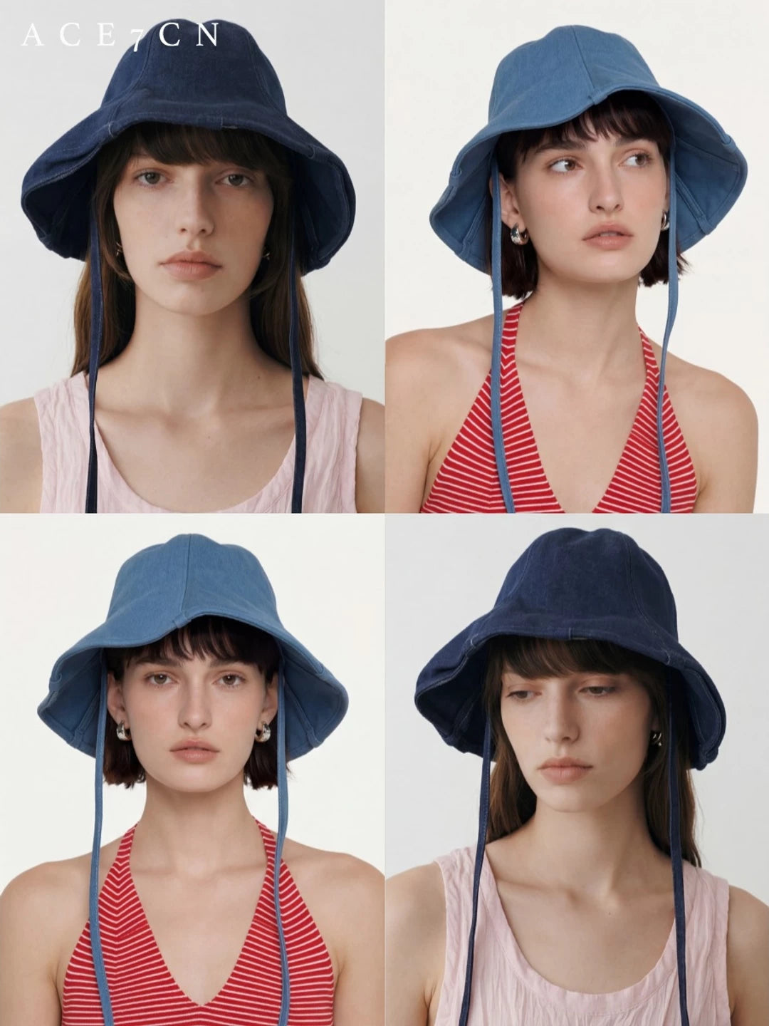 Tie-Strap Washed Denim Bucket Hat — ACE7CN