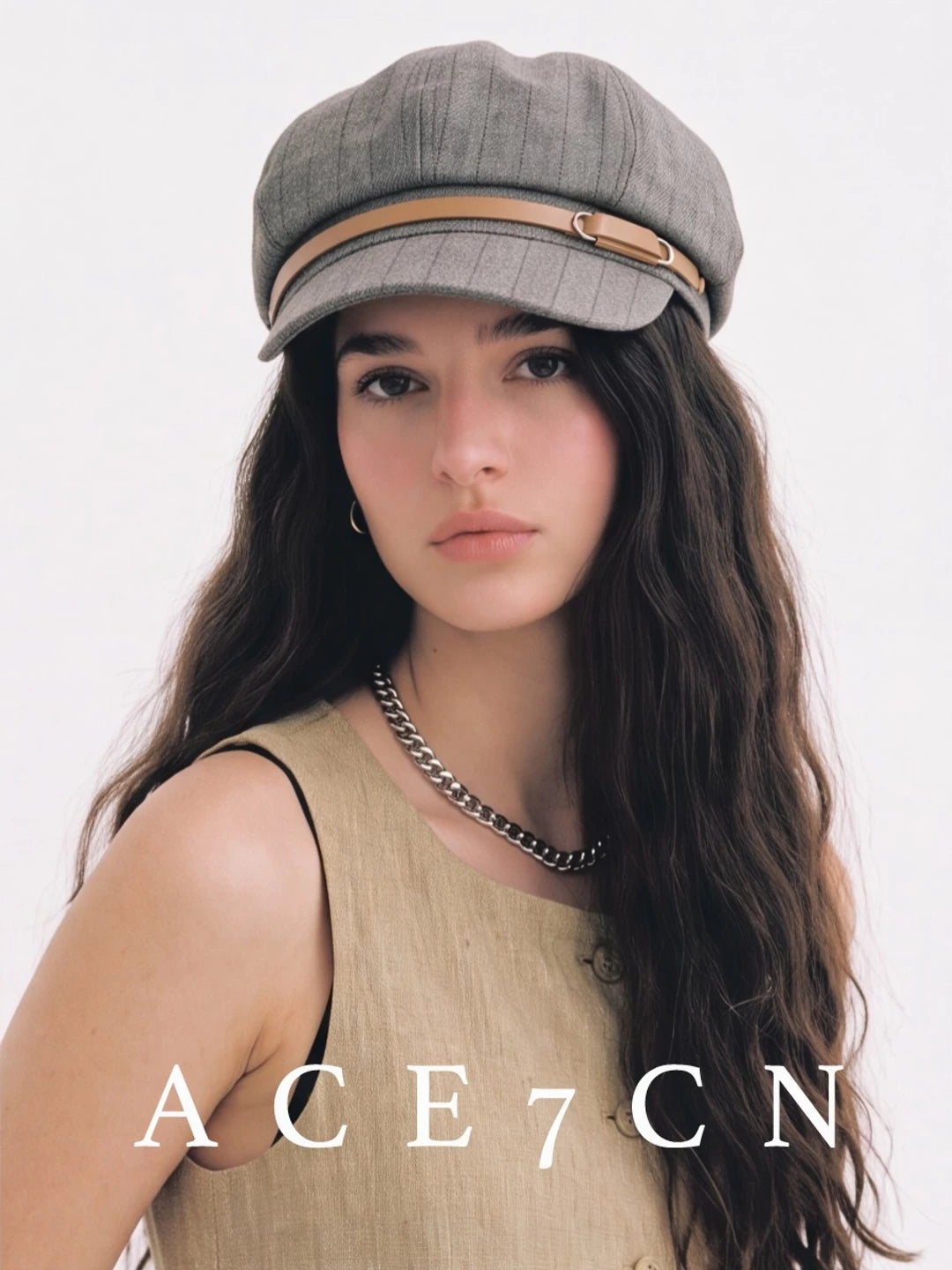 Leather-Buckle Striped Newsboy Cap — ACE7CN