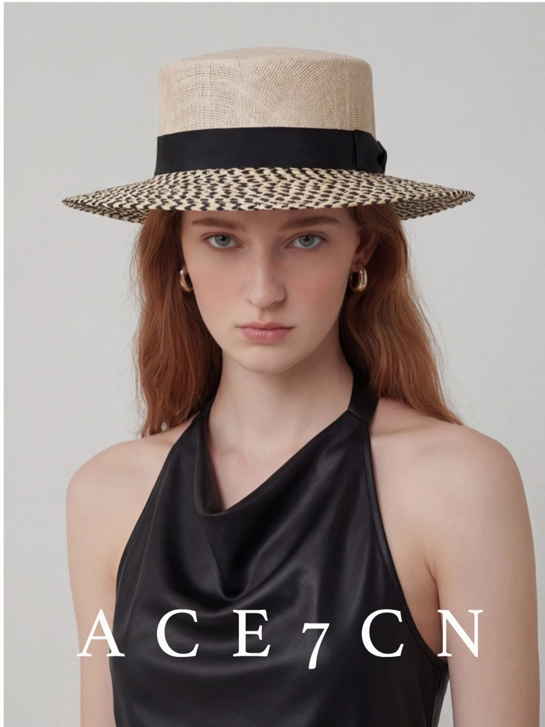 Two-Tone Wheat-Straw Flat-Top Boater — ACE7CN