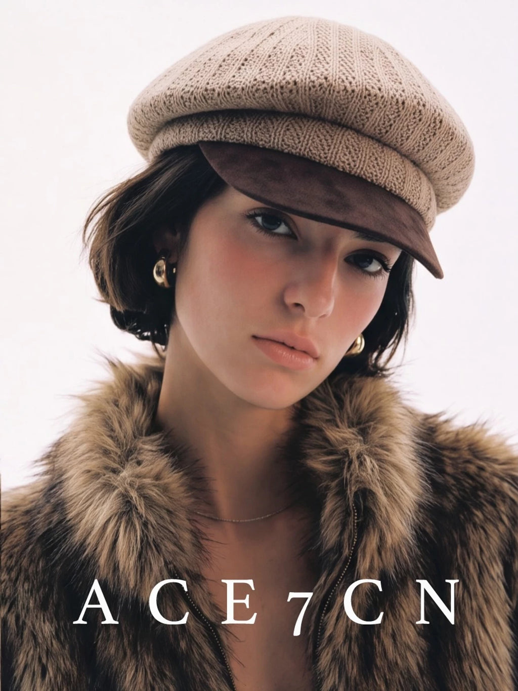 Leather-Peak Knit Newsboy Cap — ACE7CN