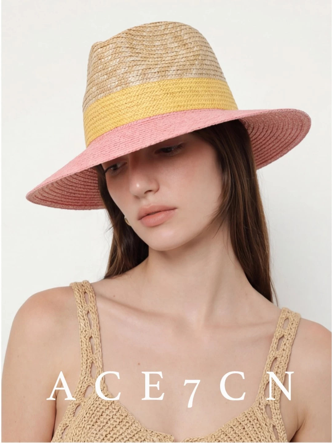 Tri-Color Wide-Brim Wheat-Straw Fedora — ACE7CN