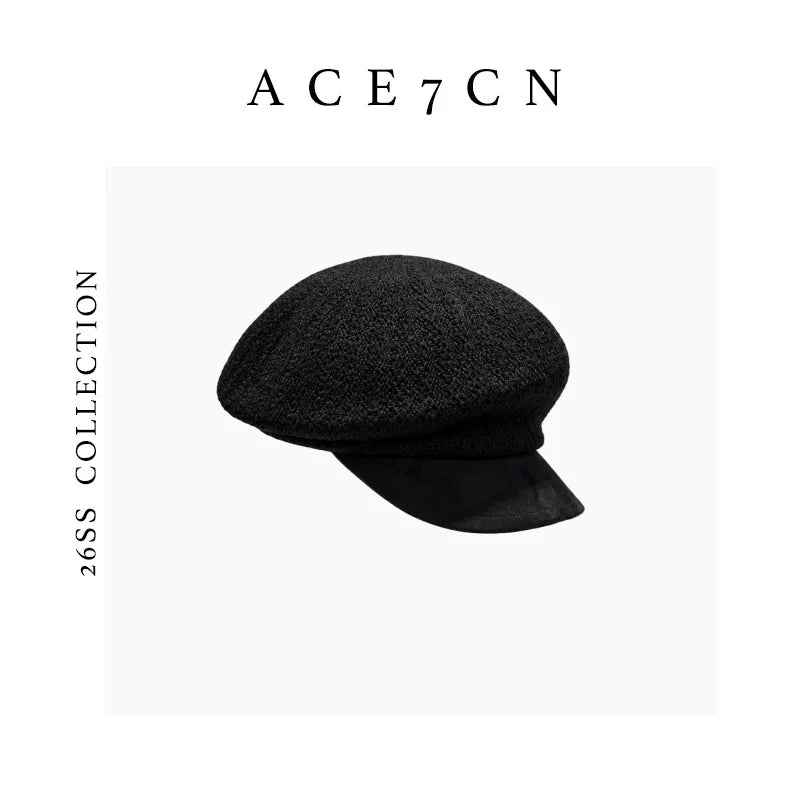 Leather-Peak Knit Newsboy Cap — ACE7CN