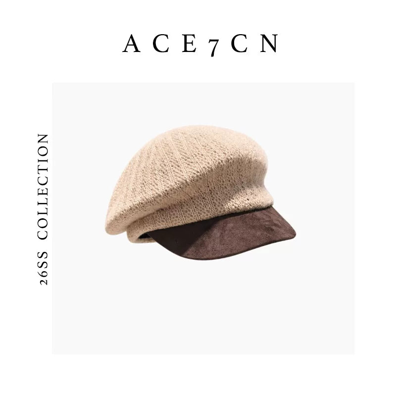 Leather-Peak Knit Newsboy Cap — ACE7CN