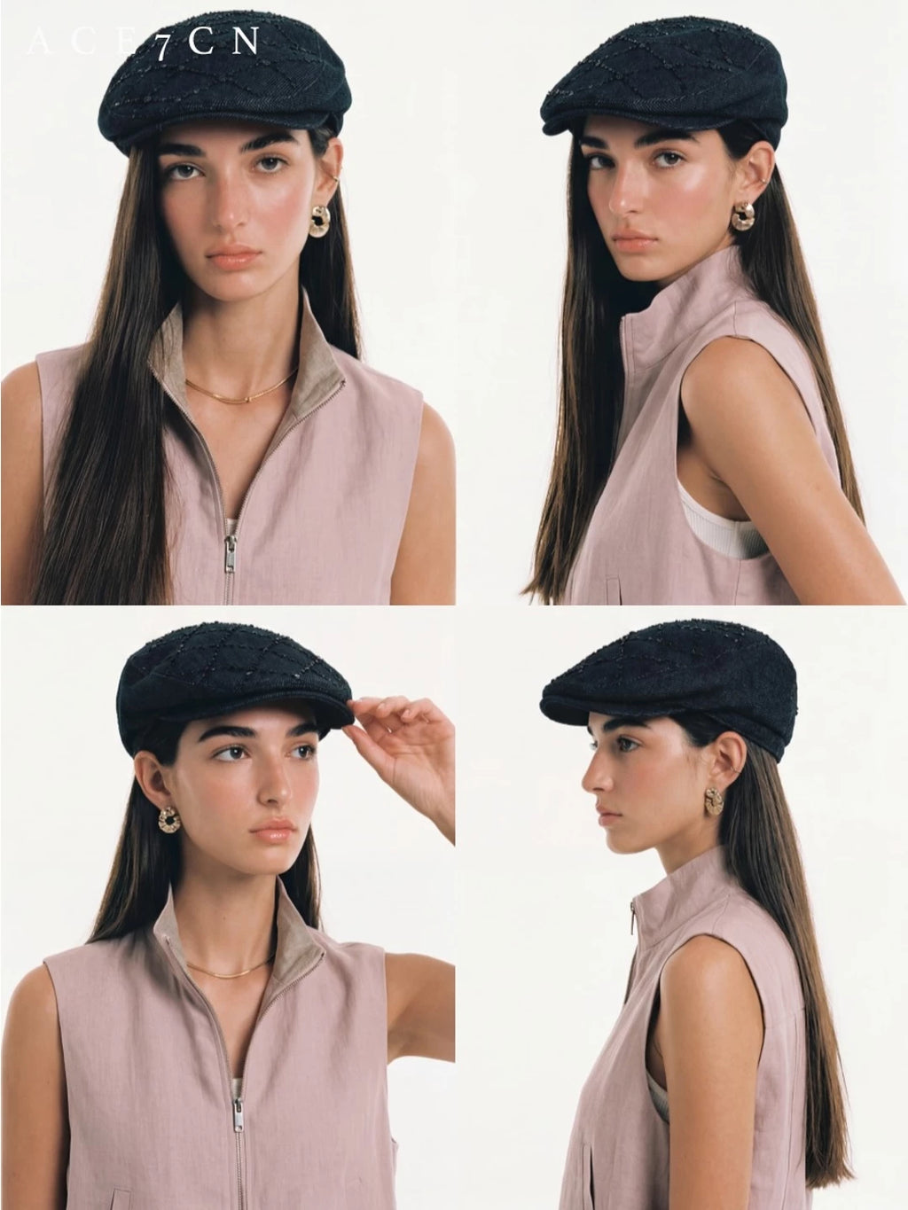 Diamond-Stitch Shimmer Denim Flat Cap — ACE7CN