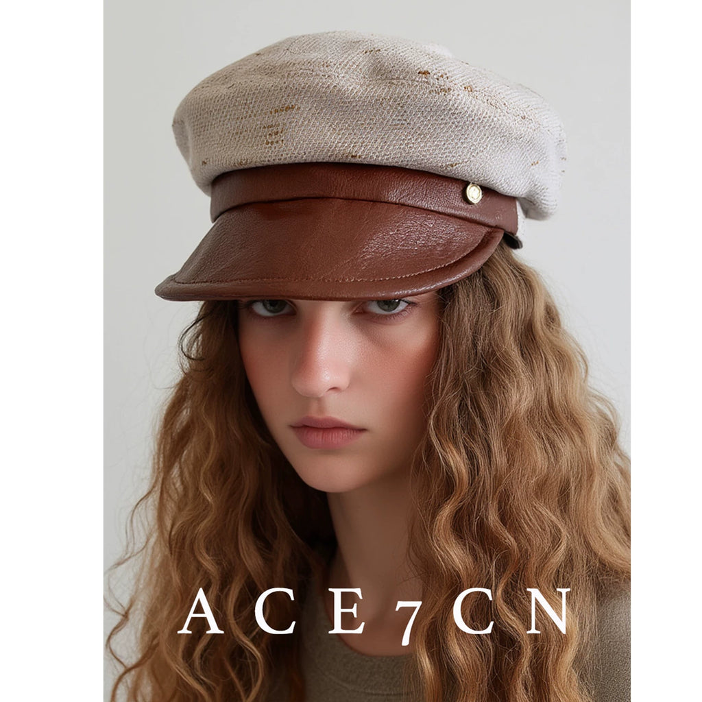 Woven Leather-Trim Newsboy Cap — ACE7CN