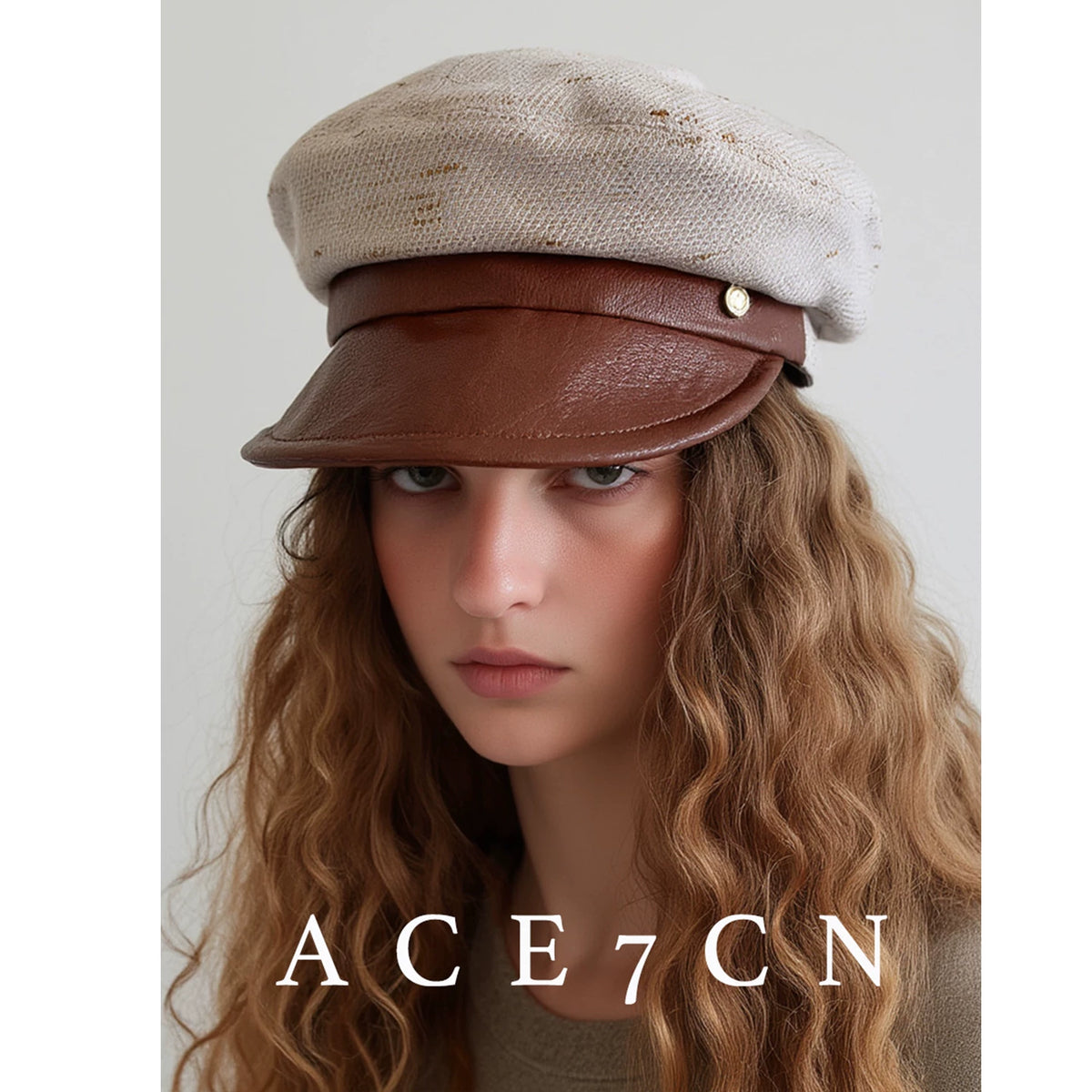 Woven Leather-Trim Newsboy Cap — ACE7CN