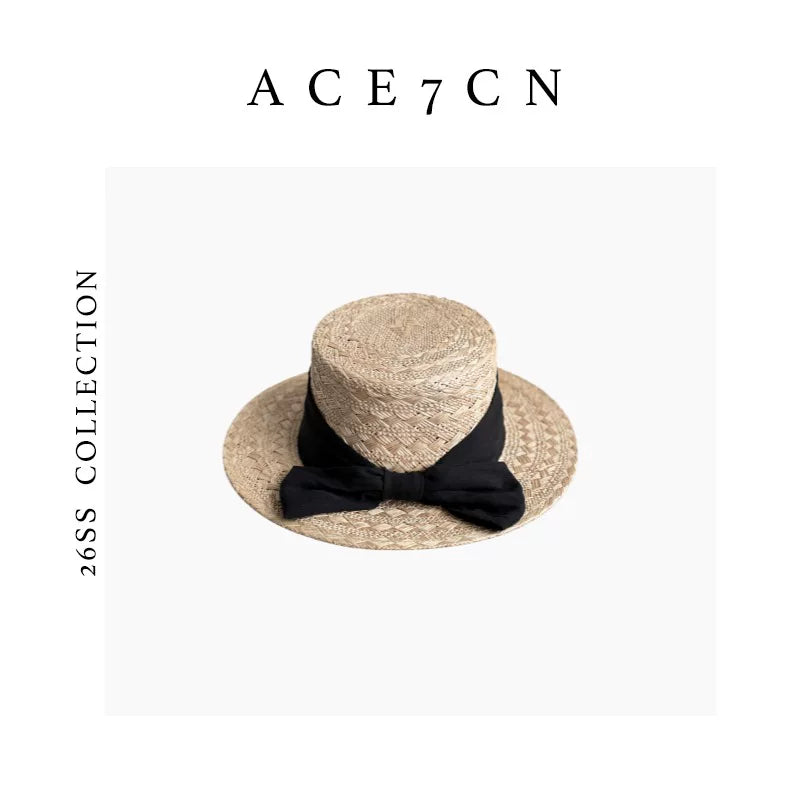 Bow-Trimmed Natural Straw Fedora — ACE7CN