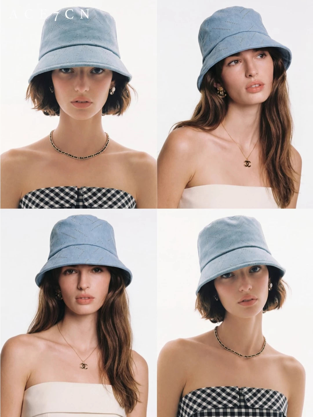 Rhinestone Diamond-Quilted Denim Bucket Hat — ACE7CN