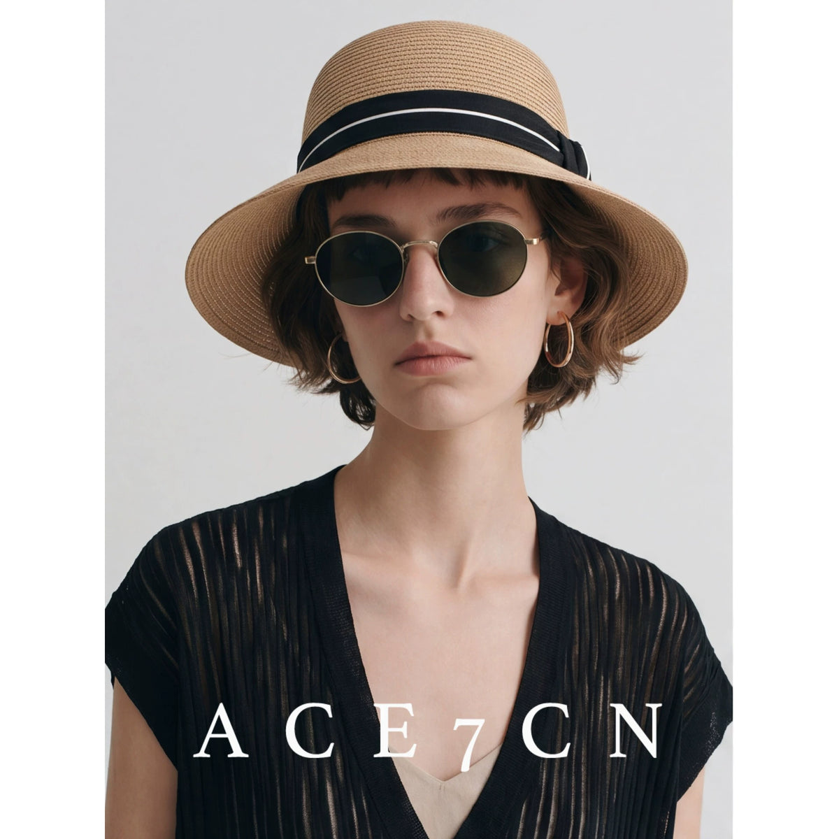 Ribbon-Trim Wide-Brim Straw Bucket Hat — ACE7CN