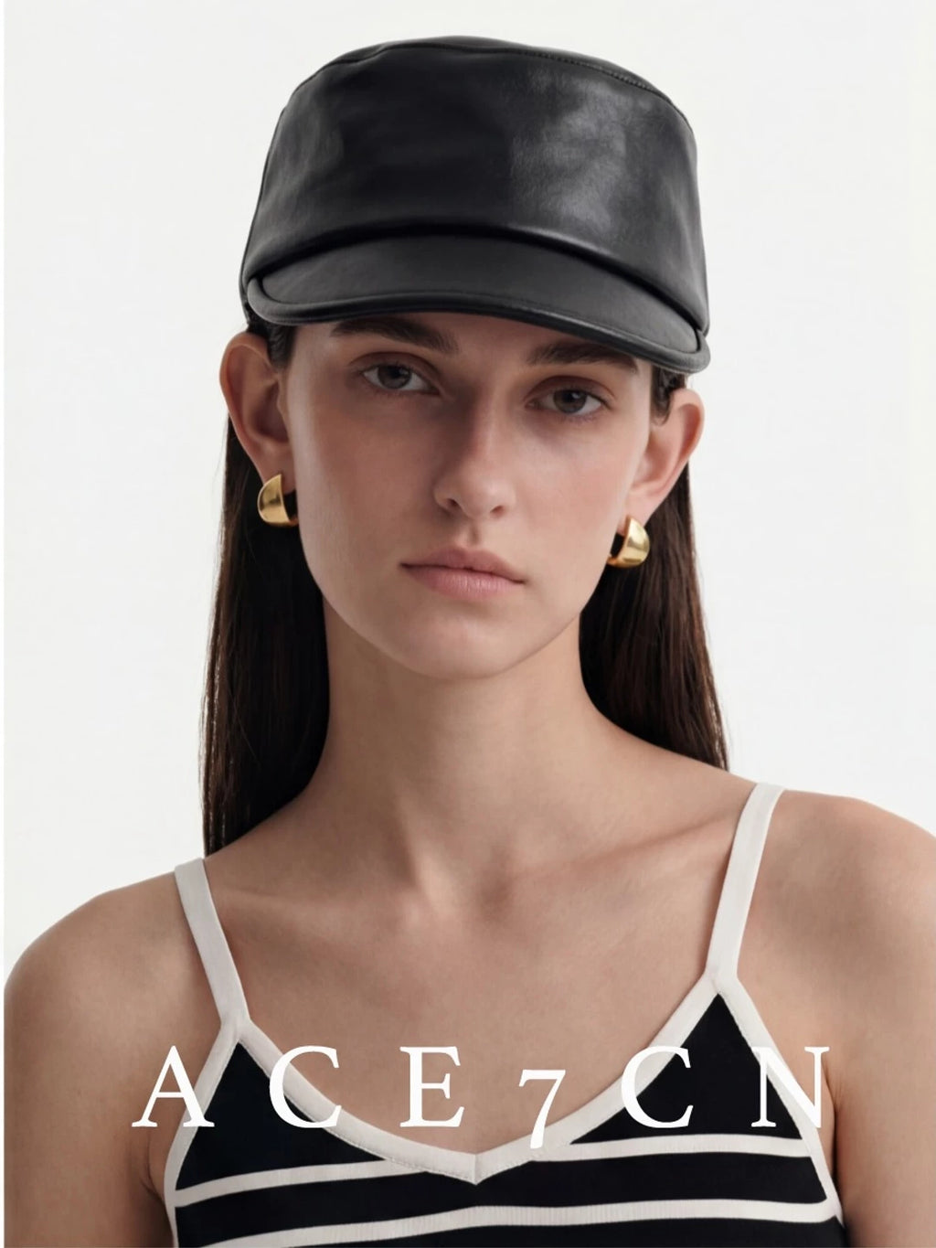Flat-Top Lamb-Grain Leather Equestrian Cap — ACE7CN