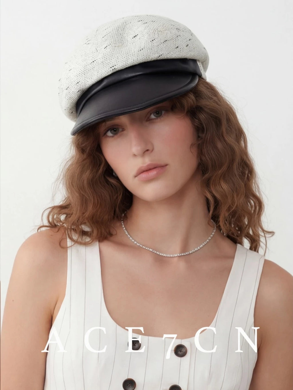 Leather-Peak Woven Newsboy Cap — ACE7CN