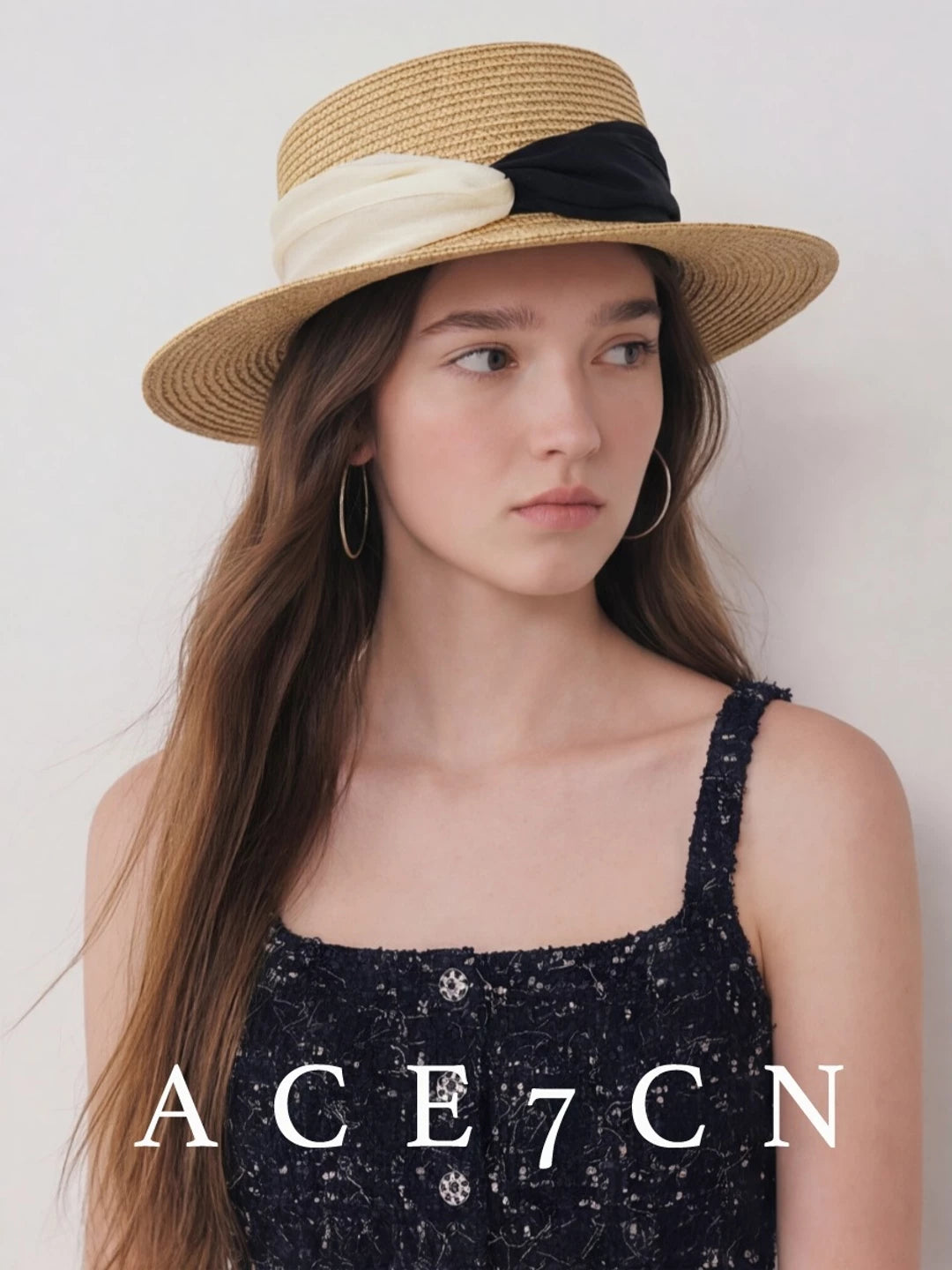 Contrast Ribbon Flat-Top Straw Boater — ACE7CN
