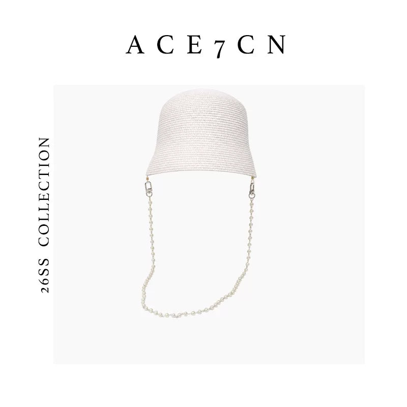 Chain-Trim Straw Lampshade Hat — ACE7CN