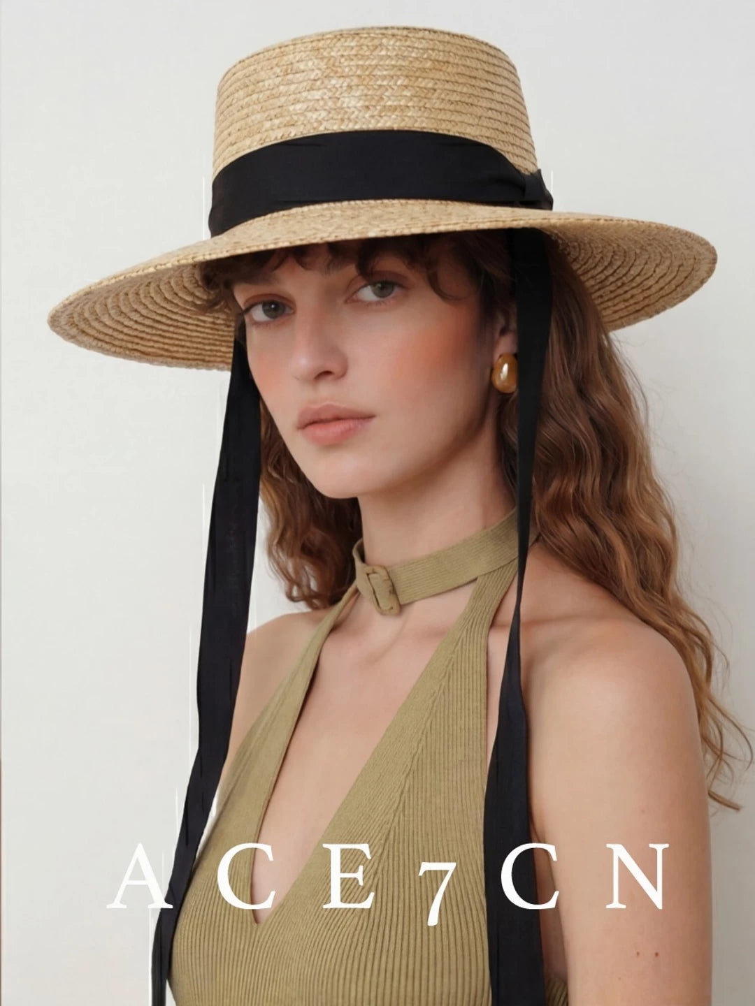 Tie-Strap Wheat-Straw Wide-Brim Sun Hat — ACE7CN